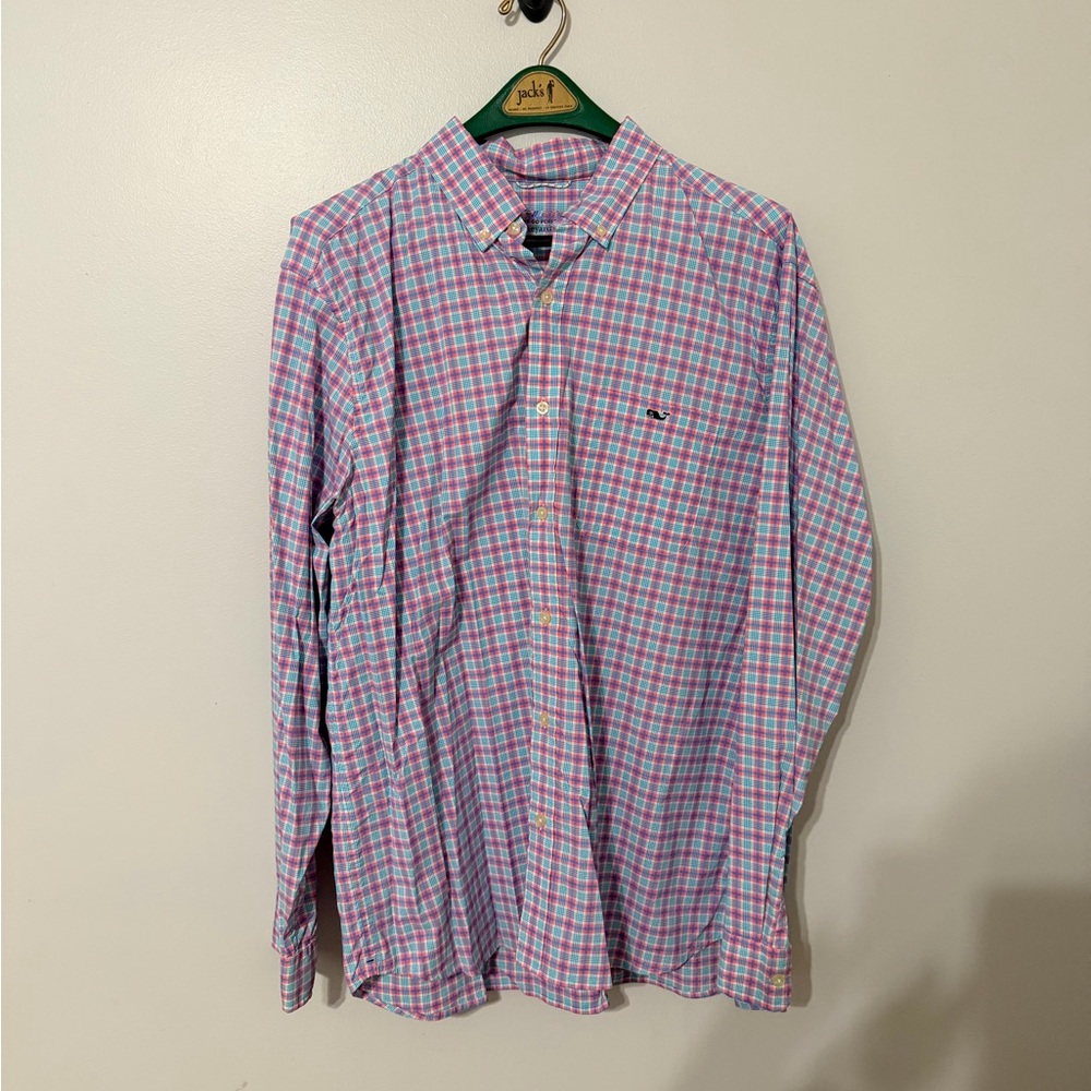 Vineyard Vines Men's Pink and Blue Plaid Shirt